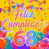 Un GIF animado para un 68º cumpleaños, Muestra el texto 'Feliz Cumpleaños 68' sobre un fondo amarillo vibrante con globos de colores, banderines y una lluvia de confeti.