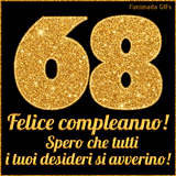 Un GIF animato per un 68° compleanno, Presenta il testo 'Buon Compleanno 68' su uno sfondo giallo vivo con palloncini colorati, festoni e una pioggia di coriandoli.