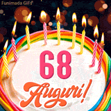 Un'animazione celebrativa di una torta di compleanno per i 68 anni, Le fiamme delle candeline tremolano e delle scintille brillano intorno, creando un'atmosfera festosa e magica.