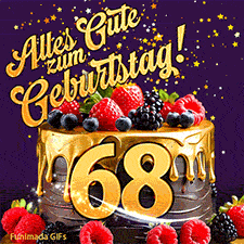 Eine köstlich aussehende animierte Geburtstagskarte für den 68. Geburtstag, dekoriert mit Erdbeeren, Blaubeeren und goldenen Details, Sterne funkeln und fallen, mit 'Alles Gute zum Geburtstag!'-Text.