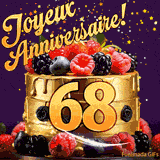 Une animation de célébration d'un gâteau de 68ème anniversaire, Des étoiles dorées tombent du ciel, mettant en valeur le texte 'Joyeux Anniversaire !' et le nombre doré 68 à l'avant du gâteau.