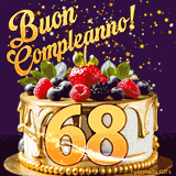 Un GIF animato di una bellissima torta per il 68° compleanno con glassa dorata e frutti di bosco freschi, Il numero dorato 68 è davanti, e stelle cadono su uno sfondo viola scuro.