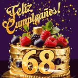 Una animación de celebración de una tarta para el 68º cumpleaños, Estrellas doradas caen del cielo, destacando el texto '¡Feliz Cumpleaños!' y el número dorado 68 en la tarta.