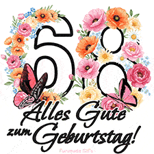 Ein florales GIF zum 68. Geburtstag. Die Zahl '68' ist von animierten Blumen und Schmetterlingen umgeben und bietet eine schöne und fröhliche Art, den Meilenstein zu feiern.