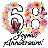 Ce GIF de Joyeux 68ème Anniversaire présente le nombre vingt rempli d'un bouquet vibrant de fleurs animées, avec des papillons qui bougent doucement sur un fond blanc.