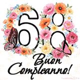 Questo GIF di Buon 68° Compleanno mostra il numero venti riempito con un vibrante bouquet di fiori animati, con farfalle che si muovono dolcemente su uno sfondo bianco.