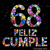 Las palabras FELIZ CUMPLE y la cifra 68 están construidas con brillantes gemas multicolores, ubicadas en un fondo negro con puntos de luz.