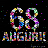 Immagine che mostra il numero 68 e il testo Auguri composti da cristalli luminosi di vari colori su una tela nera piena di stelle animate.