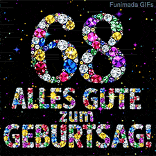 Dunkler Grund mit der aus farbigen Juwelen geformten Zahl 68 und dem Text Alles Gute zum Geburtstag, umrahmt von kleinen Glitzersternen.