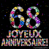 Le chiffre 68 et les mots Joyeux Anniversaire en cristaux colorés brillants, se détachant sur un fond noir rempli de petites étoiles animées.