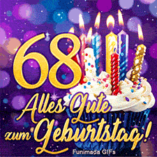 Goldener Text 'Alles Gute zum Geburtstag!' unter einer 68. Daneben ein verziertes Törtchen mit Kerzen auf leuchtend lila Hintergrund.