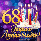 Carte animée d'anniversaire 68 ans avec le nombre 68 en or brillant et un gâteau de fête aux bougies scintillantes.