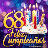 Tarjeta animada de cumpleaños 68 años con el número 68 en oro brillante y una tarta de fiesta con velas relucientes.