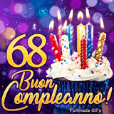 Biglietto animato di compleanno 68 anni con il numero 68 in oro brillante e una torta di festa con candele risplendenti.