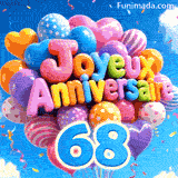 Pendante sous un grand groupe de ballons à motifs oscillants, on voit la grande figure bleue 68. Les ballons forment les mots Joyeux Anniversaire.