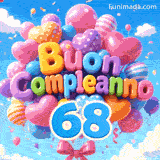 Pendente sotto un grande gruppo di palloncini a motivi che ondeggiano, si vede la grande figura azzurra 68. I palloncini formano le parole Buon Compleanno.