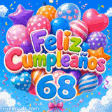 Tarjeta animada de cumpleaños 68 años con el número 68 azul brillante y globos de fiesta meciéndose suavemente.