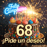Torta adornada con el dígito 68 en primer plano. Una bengala encendida emite destellos mientras cae confeti dorado alrededor de ¡Pide un deseo!.