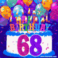 68th Birthday Cake gif: colorful candles, balloons, confetti and number 68