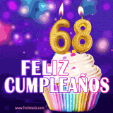 GIF animado de un cupcake decorado con confites, dos velas doradas encendidas formando el número 68, sobre un fondo púrpura brillante con destellos.