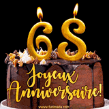 GIF animé pour un 68e anniversaire avec une élégante gâteau au chocolat, des bougies dorées formant le chiffre 68 et le texte 'Joyeux Anniversaire!' en écriture dorée.