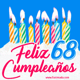 Animación de un pastel decorado con velas coloridas y encendidas, el número 68 destacado en azul y la frase 'Feliz cumpleaños' en letras estilizadas.