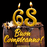GIF animato con una torta al cioccolato decorata con crema, dettagli dorati e due candele accese che formano il numero 68. Messaggio 'Buon Compleanno' in scritta elegante.