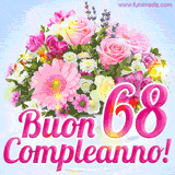 Bouquet animato con rose rosa, margherite e altri fiori colorati, con il numero 68 e la scritta 'Buon Compleanno!' in stile elegante e luminoso.