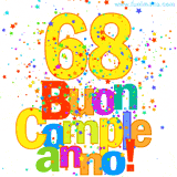 Animazione con il numero 68 in giallo e scritte multicolore 'Buon Compleanno!', accompagnate da una pioggia di stelle e coriandoli colorati.