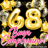 Animazione con palloncini dorati a forma del numero 68, circondati da decorazioni scintillanti e la scritta 'Buon Compleanno!' in caratteri rosa accattivanti.