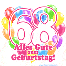 Ein verspieltes animiertes Geburtstags-GIF mit bunten Ballons in Herzform und der Zahl 68.