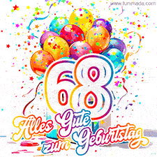 Ein lebendiges Geburtstags-GIF mit bunten Ballons, animiertem Konfetti, der Zahl 68 und den Worten 'Alles Gute zum Geburtstag' in dekorativer Schriftart.
