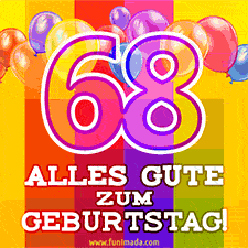 Große Zahl 35 in Umrissschrift, die Worte 'Alles Gute zum 68. Geburtstag', mehrfarbige animierte Ballons und lebendiger Hintergrund.