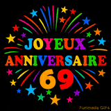 GIF animé 'Joyeux Anniversaire 69' avec des lettres colorées et des feux d'artifice éclatants