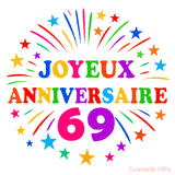 GIF animé joyeux anniversaire 69 ans avec étoiles multicolores et feu d’artifice