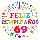 Imagen animada para felicitar los 69 años con letras de colores y diseño festivo.