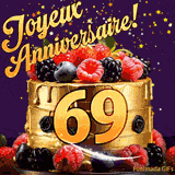 Une animation de célébration d'un gâteau de 69ème anniversaire, Des étoiles dorées tombent du ciel, mettant en valeur le texte 'Joyeux Anniversaire !' et le nombre doré 69 à l'avant du gâteau.