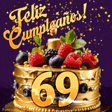Una animación de celebración de una tarta para el 69º cumpleaños, Estrellas doradas caen del cielo, destacando el texto '¡Feliz Cumpleaños!' y el número dorado 69 en la tarta.