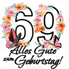 Ein florales GIF zum 69. Geburtstag. Die Zahl '69' ist von animierten Blumen und Schmetterlingen umgeben und bietet eine schöne und fröhliche Art, den Meilenstein zu feiern.
