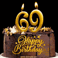 69 Birthday Chocolate Cake with Gold Glitter Number 69 Candles (GIF)