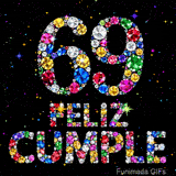 El número 69 y el texto FELIZ CUMPLE, fabricados completamente con piedras preciosas de colores, resaltan sobre un fondo negro con estrellas.