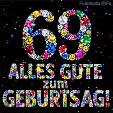 Funkelnde verschiedenfarbige Edelsteine bilden die Ziffer 69 und Alles Gute zum Geburtstag vor einem schwarzen Hintergrund mit Lichtpunkten.