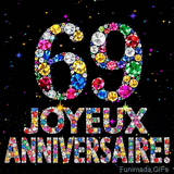 Sur un fond sombre, le chiffre 69 et Joyeux Anniversaire sont formés par des diamants multicolores, accompagnés de petites étoiles scintillantes.