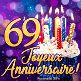 Animation festive 69 ans représentant le chiffre 69 doré, un cupcake illuminé et des paillettes féeriques.