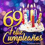 Animación festiva 69 años representando el número 69 dorado, un cupcake iluminado y destellos mágicos.