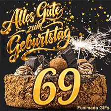 Ein Schokokuchen mit der Zahl 69 unter dem Text Alles Gute zum Geburtstag. Wunderkerzenfunken und Sternenkonfetti machen die Szene lebendig.