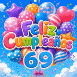 Animación festiva 69 años representando el número 69 azul, racimos de globos de colores y confeti en el aire.