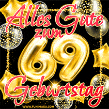 Glänzende goldene Ballons und ein quadratischer Glitzerrahmen: Animiertes GIF zum 69. Geburtstag mit der großen goldenen Zahl 69
