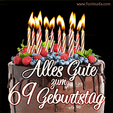 Das Geburtstags-GIF zeigt einen Schokoladenkuchen mit Beeren und Kerzen zur Feier eines 69. Geburtstags.