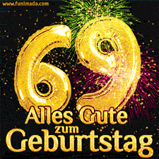 Große goldene Zahlen 69 auf schwarzem Hintergrund, die Worte 'Alles Gute zum Geburtstag' in goldener Schrift und ein spektakuläres Feuerwerk.